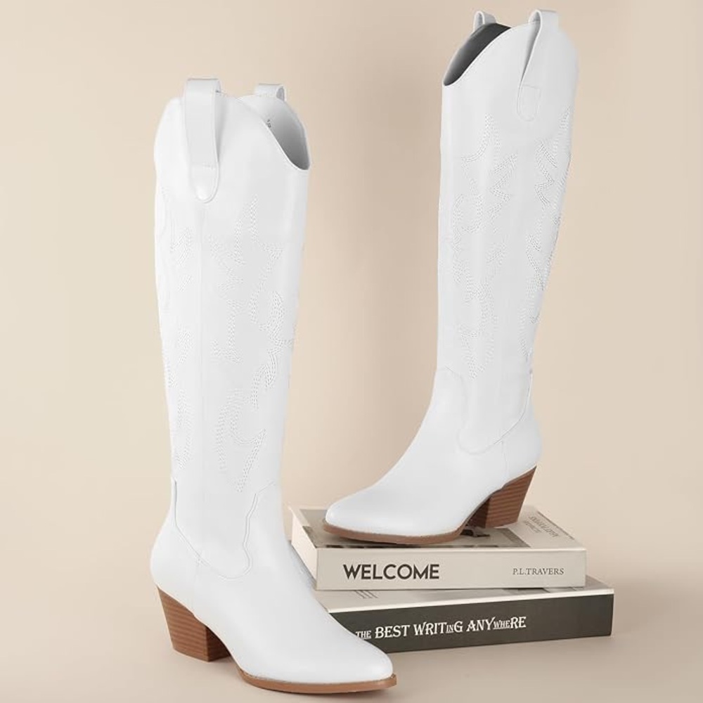 White Western-Style Faux Leather Women's Boots
